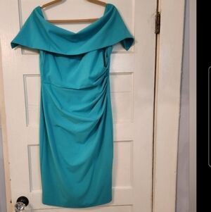 Vince Camuto Mini Dress Off the Shoulder Green Blue Ruched Sz 12 Formal Prom EUC